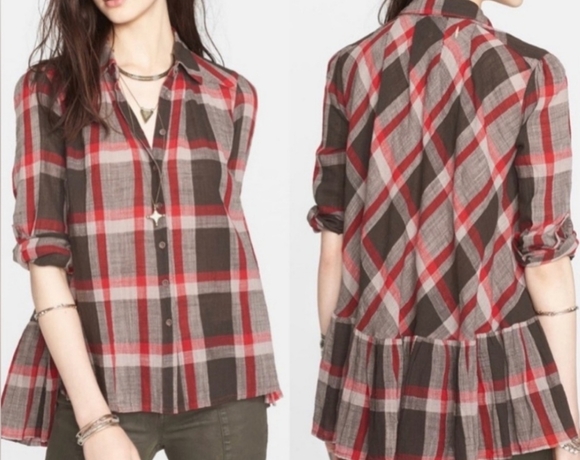 Free People Women's Red Gray  plaid, Tunic/Blouse, Long Sleeve Size M. - Picture 2 of 9